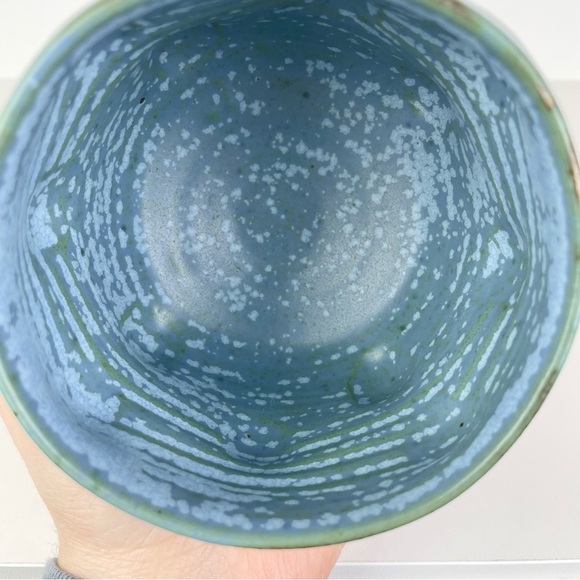 Organic Shape Freeform Pottery Cup Vase Artist Stamped H Blue Green Pedestal Bud - Picture 13 of 16